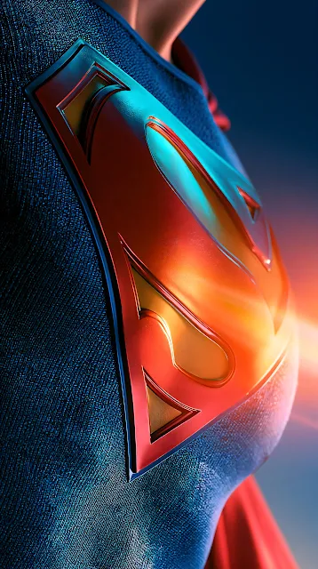 Close-up macro of Superman's red and gold chest emblem on textured blue superhero suit. Close-up profile of Superman's red and yellow chest shield emblem on textured blue suit material.