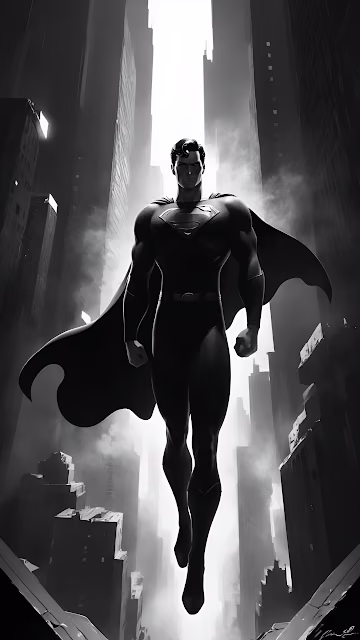Superman Floating Above City in Dramatic Black and White - Free 4K & 8K Mobile Wallpaper