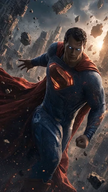 Superman charges forward through floating city debris with glowing blue eyes and an illuminated chest symbol. Superman with glowing blue eyes flies through suspended concrete debris over a ruined city skyline.