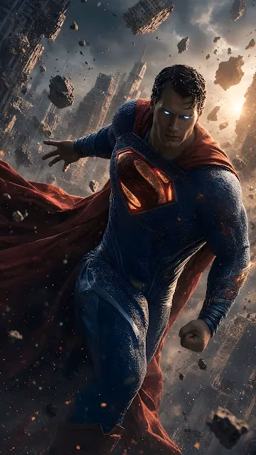 Superman flies forward with glowing red chest emblem amid levitating building debris in Metropolis. Superman in textured blue suit with flowing red cape moving through floating concrete rubble.