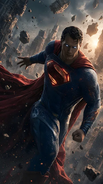 Superman flies forward with glowing red chest emblem amid levitating building debris in Metropolis. Superman in textured blue suit with flowing red cape moving through floating concrete rubble.