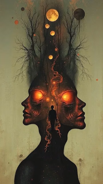 Surreal Dual Face with Glowing Eyes and Moons - Free 4K & 8K Mobile Wallpaper