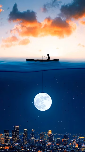Surreal Fisherman Catching Full Moon Above City Skyline - Free 4K & 8K Mobile Wallpaper