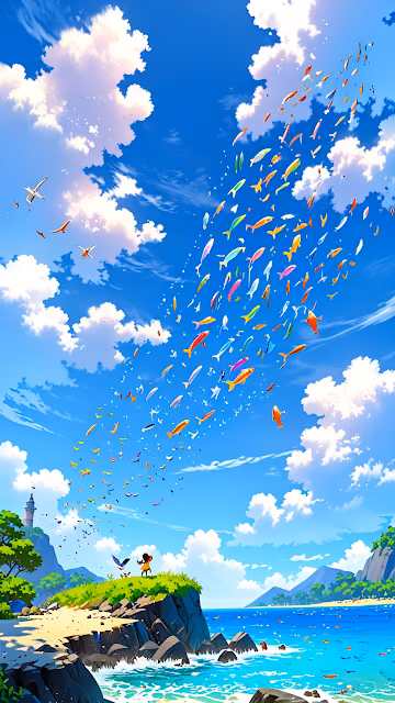 Surreal Flying Colorful Fish Stream in Bright Blue Sky - Free 4K & 8K Mobile Wallpaper