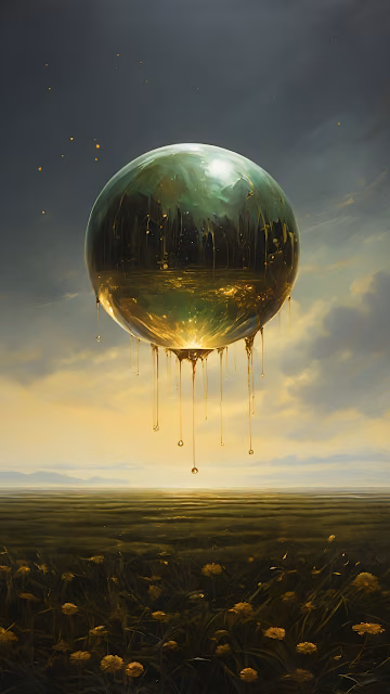 Surreal Golden Dripping Orb Fantasy Landscape Art - Free 4K & 8K Mobile Wallpaper