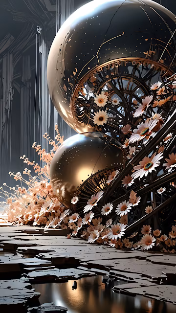 Surreal Golden Spheres Amidst Blooming Flowers in Ruined Hall - Free 4K & 8K Mobile Wallpaper