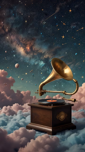 Surreal Gramophone Floating on Clouds Under Cosmic Night Sky - Free 4K & 8K Mobile Wallpaper