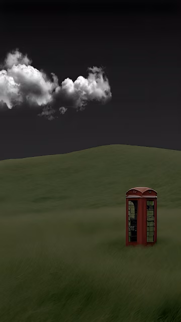 Surreal Isolated Red Phone Booth Dark Green Field Art - Free 4K & 8K Mobile Wallpaper