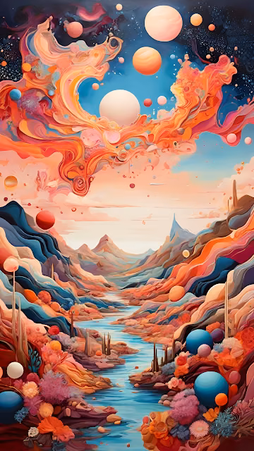 Surreal Psychedelic Landscape Art Flowing Rivers Planets - Free 4K & 8K Mobile Wallpaper