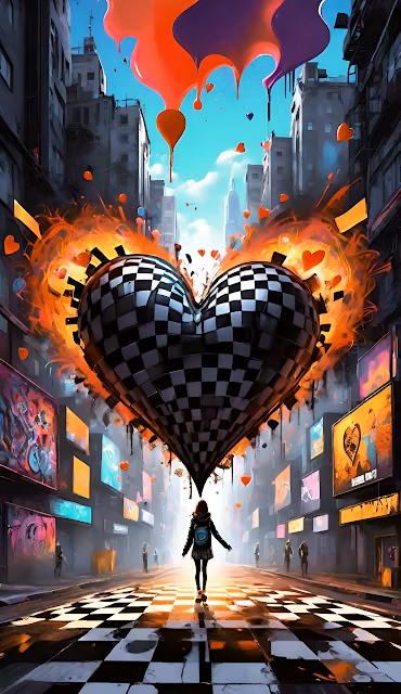 Surreal Urban Heart Street Art Checkerboard Cityscape - Free 4K & 8K Mobile Wallpaper