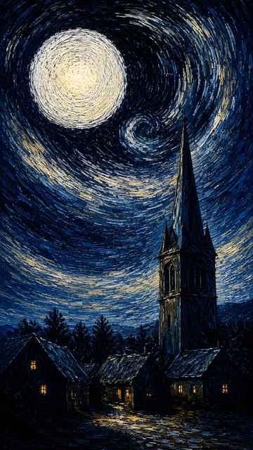 Large textured moon swirls above a dark village and tall church tower with warmly lit windows.