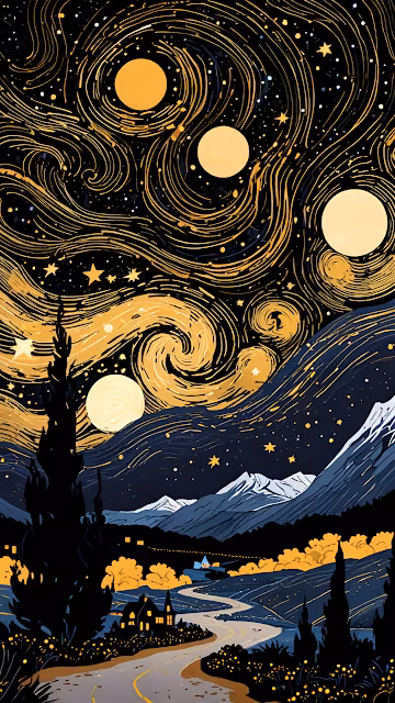Swirling Starry Night Landscape, Van Gogh Inspired Painting - Free 4K & 8K Mobile Wallpaper