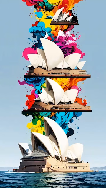 Sydney Opera House Pop Art Stacked with Vibrant Ink Splatters - Free 4K & 8K Mobile Wallpaper