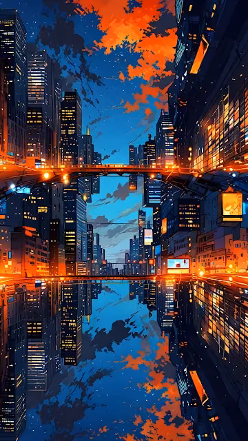 Symmetrical City Reflection at Twilight with Orange Sky - Free 4K & 8K Mobile Wallpaper