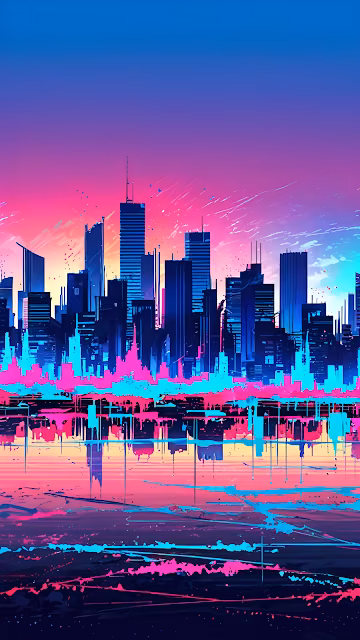 Synthwave City Skyline Neon Pink Blue Vaporwave Reflection - Free 4K & 8K Mobile Wallpaper