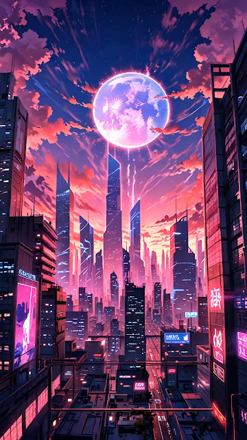 Synthwave City Skyline Pink Moon Neon Aesthetic - Free 4K & 8K Mobile Wallpaper