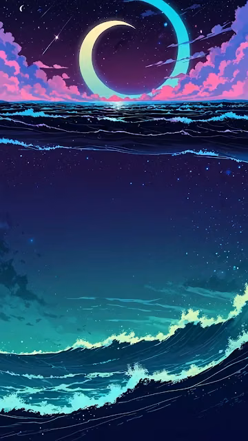 Synthwave Ocean Night with Giant Neon Crescent Moon - Free 4K & 8K Mobile Wallpaper