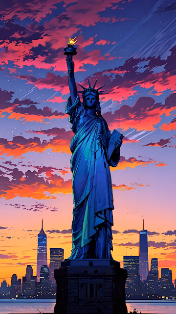 Synthwave Statue of Liberty NYC Sunset Illustration - Free 4K & 8K Mobile Wallpaper