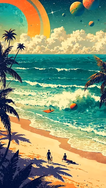 Synthwave Tropical Beach Space Landscape Vaporwave Art - Free 4K & 8K Mobile Wallpaper