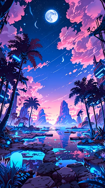 Synthwave Tropical Landscape Neon Vaporwave Night Scene - Free 4K & 8K Mobile Wallpaper