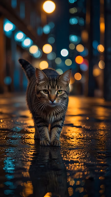 Tabby Cat Walking on Rainy City Street at Night - Free 4K & 8K Mobile Wallpaper