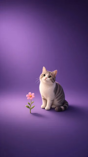 Grey and white tabby cat sitting beside a small pink daisy on a solid purple background.