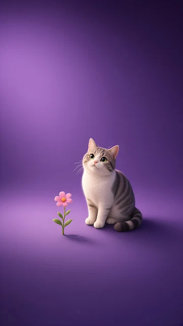 A grey and white tabby cat sits beside a single pink flower against a smooth purple backdrop. Grey and white tabby cat sitting beside a small pink daisy on a solid purple background.