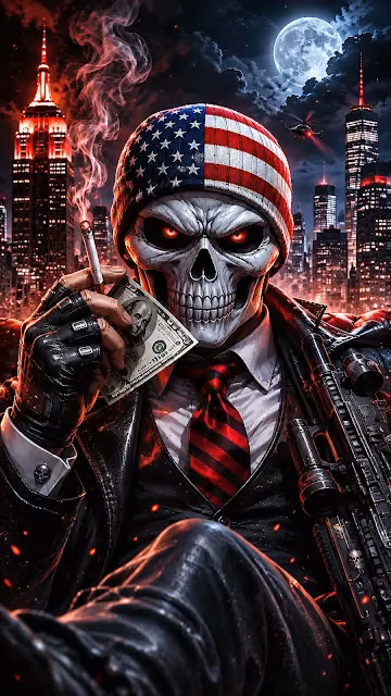 A menacing skull gangster poses with cash and a rifle against a glowing New York City night skyline. A skull wearing an American flag beanie and suit holds a hundred dollar bill and cigarette in front of a nighttime city skyline.