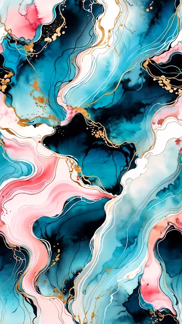 Teal and Pink Ink Flow with Gold Marbling Texture - Free 4K & 8K Mobile Wallpaper
