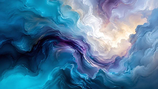 Dynamic waves of cyan and purple fluid pigments swirl around a luminous center. Swirling abstract layers of blue, purple, and white fluid paint blending into cloud textures.