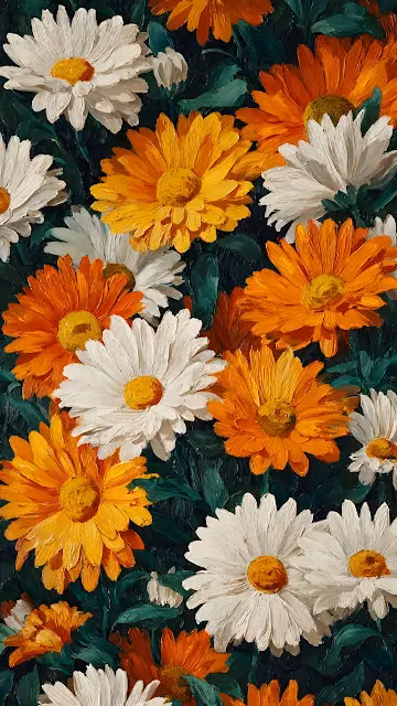 Textured Oil Painting of White Orange Marigold Flowers - Free 4K & 8K Mobile Wallpaper