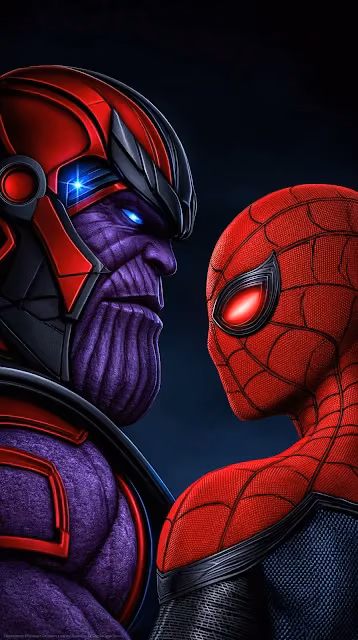 Close-up profile face-off between armored Thanos and Spider-Man with glowing red eyes against a dark background.