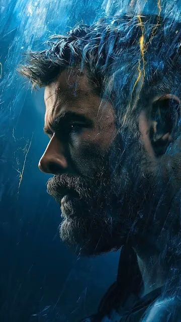 Thor gazes forward in profile amid crackling blue and yellow lightning energy effects. Profile portrait of bearded Thor surrounded by blue mist and crackling electric lightning sparks.