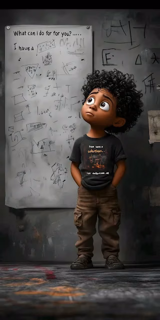 Thoughtful Cartoon Boy and the Complex Whiteboard Problem - Free 4K & 8K Mobile Wallpaper