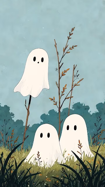 Three Cute Ghosts Floating in Overgrown Meadow - Free 4K & 8K Mobile Wallpaper