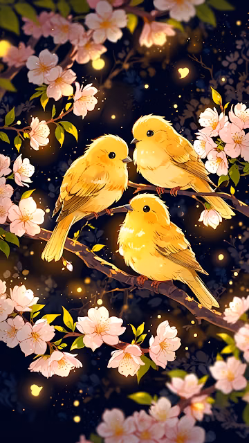 Three Cute Yellow Birds Cherry Blossom Night Illustration - Free 4K & 8K Mobile Wallpaper