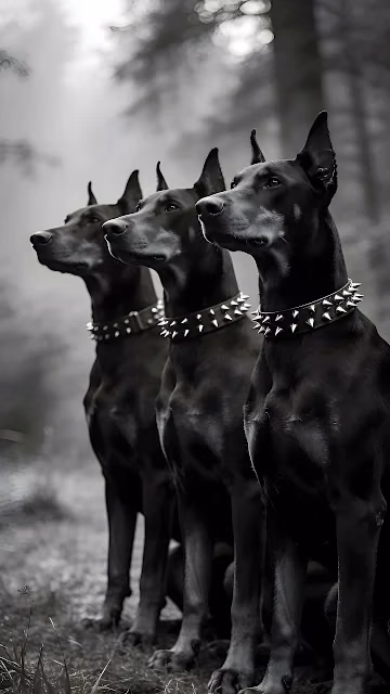 Three alert black Doberman Pinschers in spiked collars sit in a foggy woodland. Profile view of three black Doberman dogs wearing spiked metal collars in misty woods.