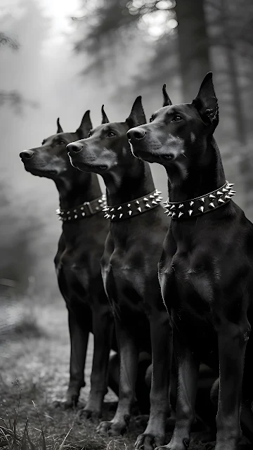 Three alert black Doberman Pinschers in spiked collars sit in a foggy woodland. Profile view of three black Doberman dogs wearing spiked metal collars in misty woods.