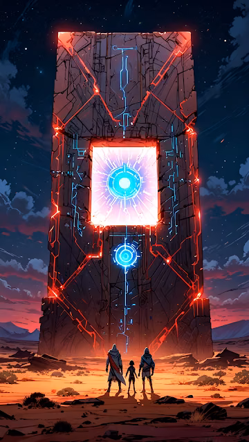 Three Figures Before Glowing Sci-Fi Monolith at Dusk - Free 4K & 8K Mobile Wallpaper