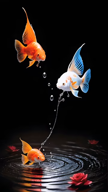 Three Goldfish Leaping Above Water with Floating Roses - Free 4K & 8K Mobile Wallpaper