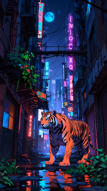 Tiger Roaming Neon-Lit Cyberpunk Alley Under Blue Moon - Free 4K & 8K Mobile Wallpaper