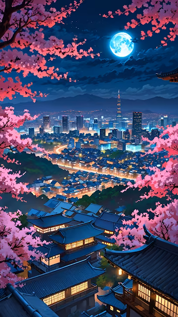 Tokyo Cherry Blossom Night City Anime Aesthetic Art - Free 4K & 8K Mobile Wallpaper