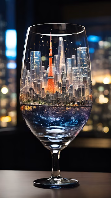 Tokyo Cityscape Reflected Inside a Wine Glass at Night - Free 4K & 8K Mobile Wallpaper