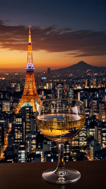 Tokyo Cityscape Reflected in Wine Glass at Sunset with Fuji View - Free 4K & 8K Mobile Wallpaper