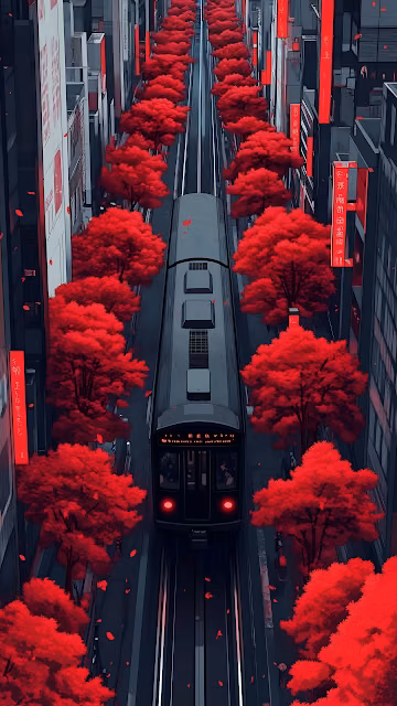 Tokyo Street Train Track Lined with Vibrant Red Maple Trees - Free 4K & 8K Mobile Wallpaper