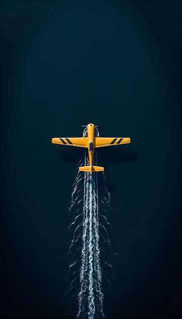 Top Down View Yellow Propeller Plane Skimming Dark Water - Free 4K & 8K Mobile Wallpaper