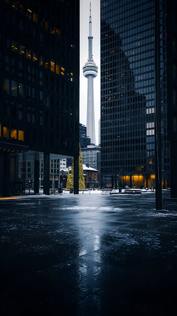Toronto CN Tower Framed by Dark Skyscrapers Winter Scene - Free 4K & 8K Mobile Wallpaper