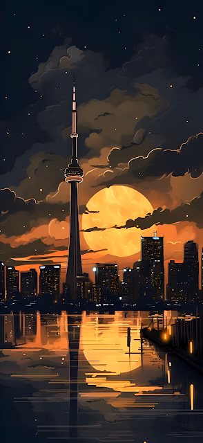 Toronto Skyline Illustration at Dusk with Giant Orange Moon - Free 4K & 8K Mobile Wallpaper