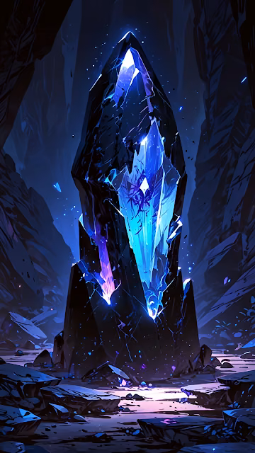 Towering Blue Crystal Obelisk In Dark Fantasy Cavern - Free 4K & 8K Mobile Wallpaper