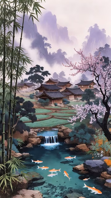 Traditional East Asian Village and Terraced Fields - Free 4K & 8K Mobile Wallpaper
